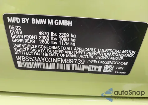 2022 BMW M3 Sedan z USA, uszkodzony, nr VIN WBS53AY03NFM89739
